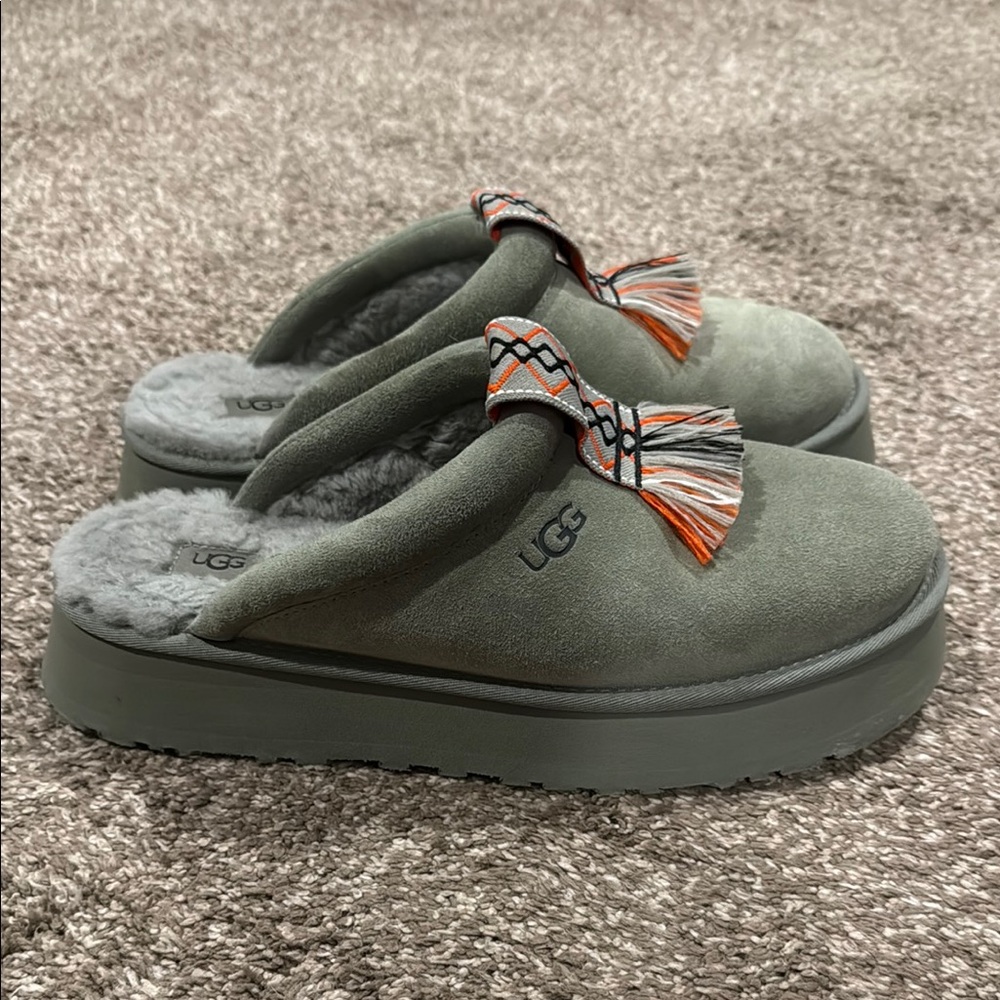 UGG Sage Green Suede Tassel Slide Clogs with Orange & White Trim